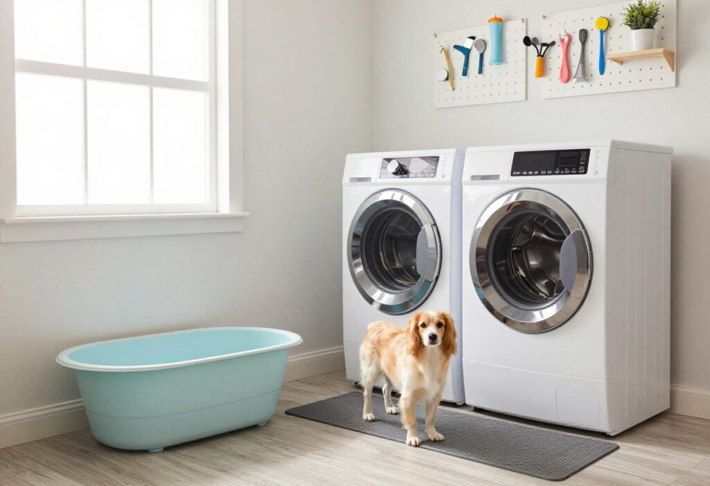 A dog grooming setup in a home laundry room with a portable bathtub, non-slip mat, and wall-mounted storage for tools.