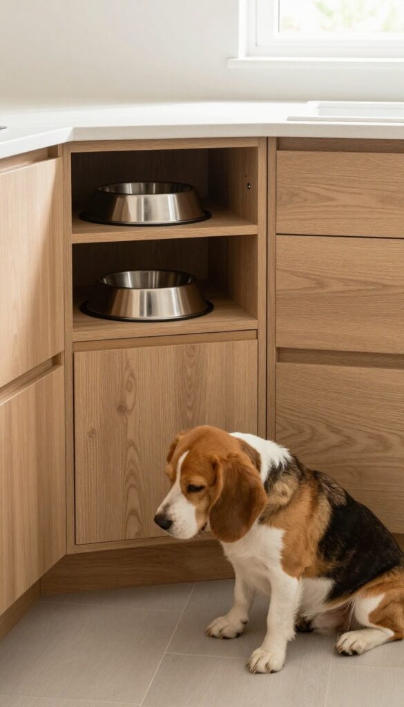 A wall-mounted corner cabinet with built-in bowls in a small kitchen, featuring a dog eating comfortably to demonstrate smart storage for tight spaces.