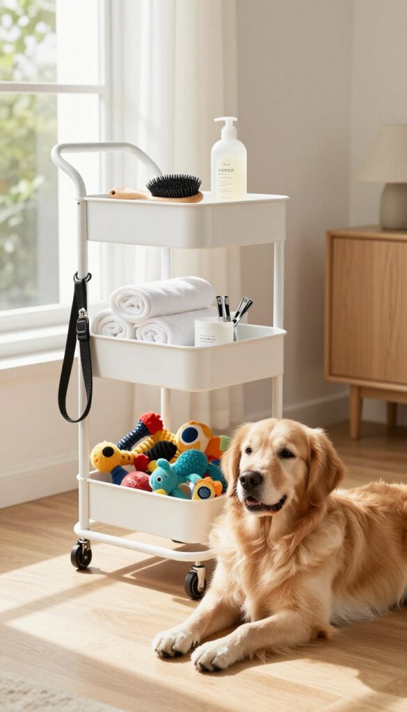 A rolling cart filled with dog grooming supplies in a bright living room, with a Golden Retriever nearby.