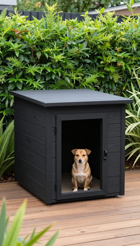 Modern minimalist dog house with flat roof and clean lines on a deck in a contemporary backyard.