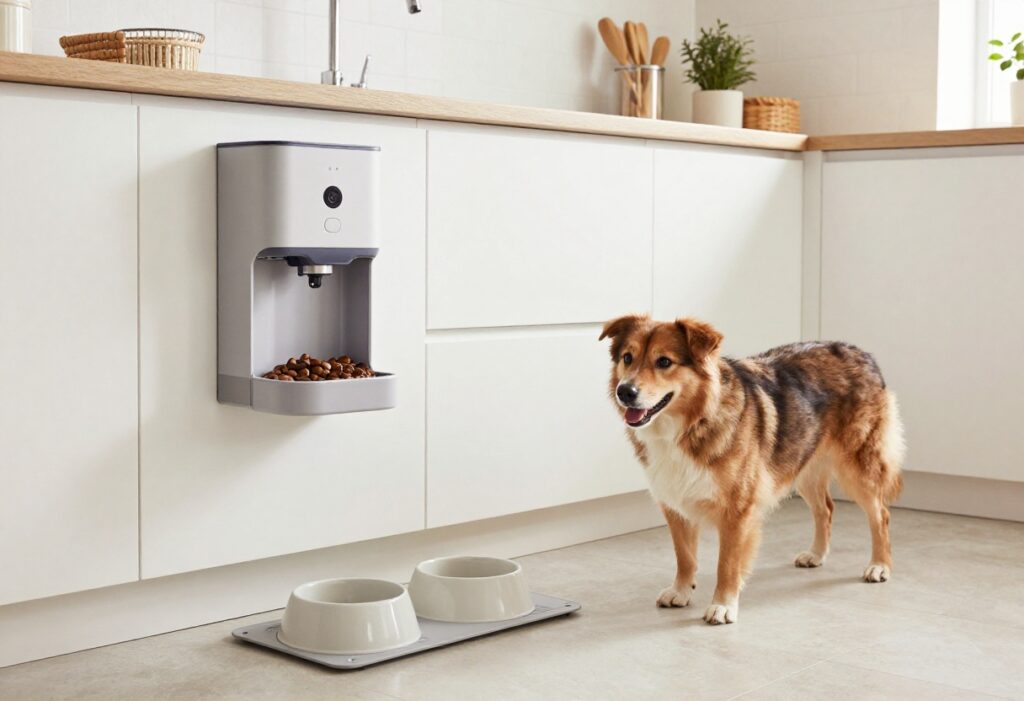 A well-organized dog feeding station with elevated bowls and storage in a kitchen setting.