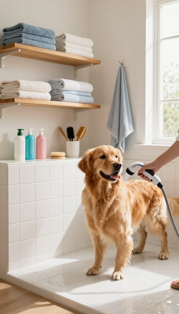 Mudroom dog wash station with tile alcove, handheld sprayer, and organized storage, featuring a golden retriever being rinsed.