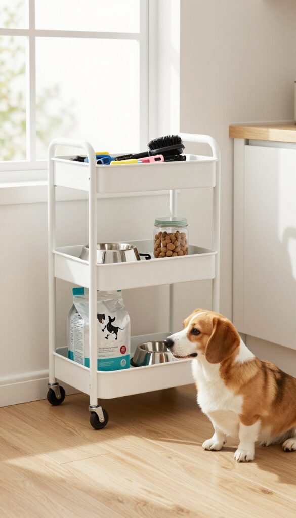 A rolling cart used as a mobile dog feeding station in a small apartment kitchen, featuring shelves with food, bowls, and accessories, with a dog nearby.