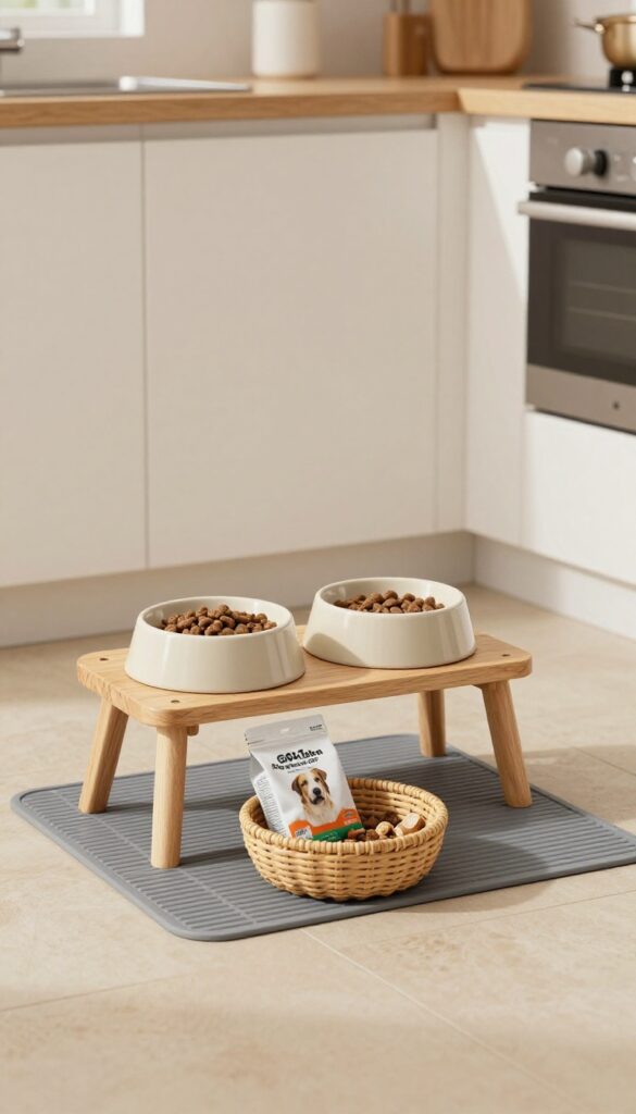 Tidy dog feeding station with raised bowls on a mat, organized food storage
