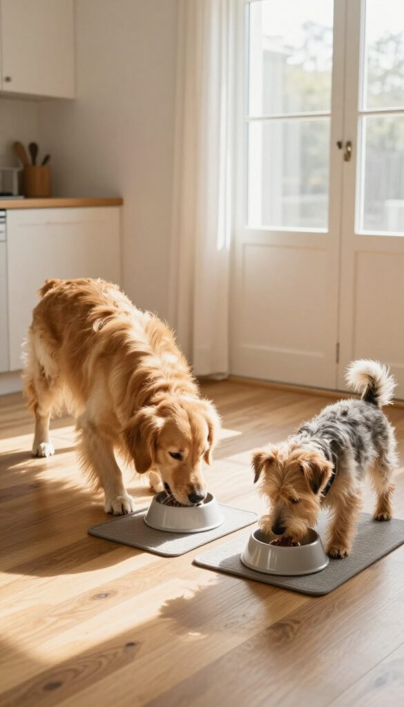 Two dogs eating from separate feeding stations with a low divider between them in a bright kitchen.