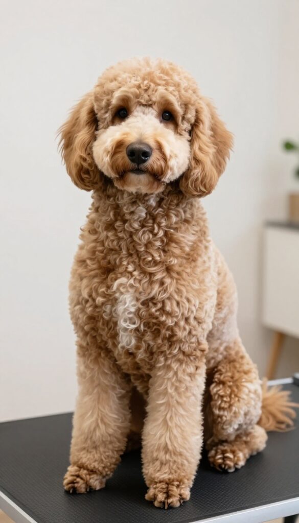 A Goldendoodle with a Teddy Bear Trim haircut sitting on a grooming mat in natural light