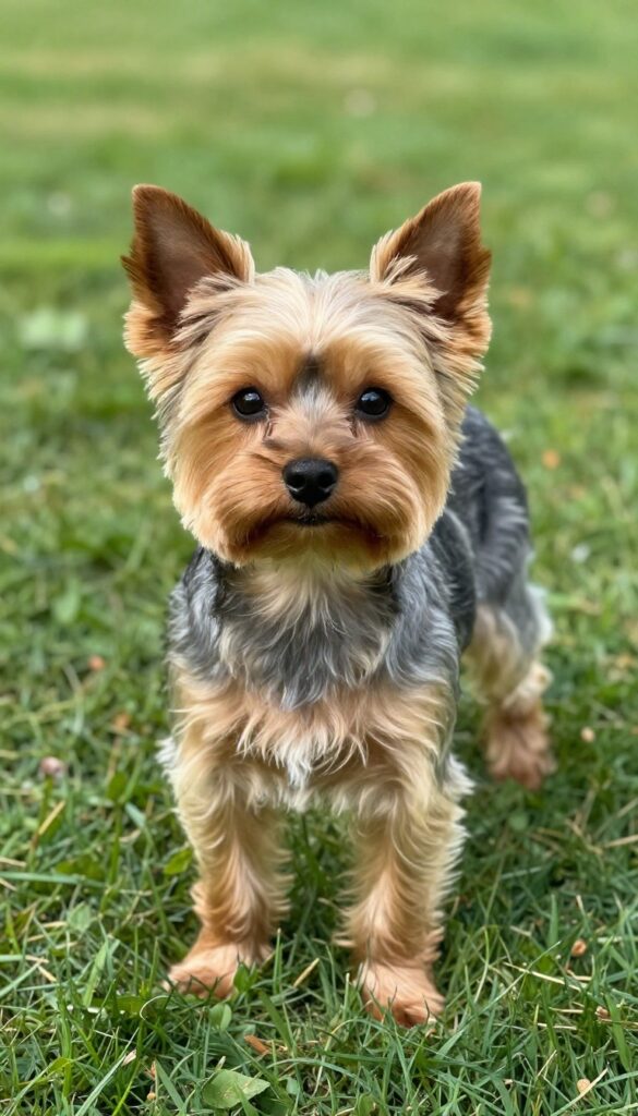 A Yorkshire Terrier with a custom mixed haircut, showcasing shorter body and longer legs in natural light, ideal for breed-specific grooming needs.