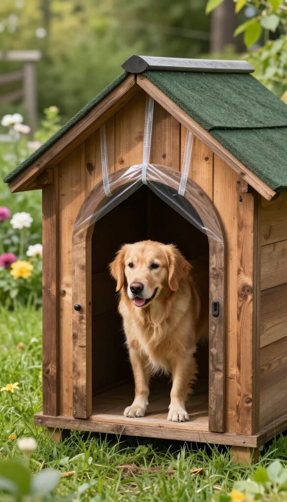 Arched wooden dog house door with clear vinyl strips and a golden retriever stepping out in a sunny garden