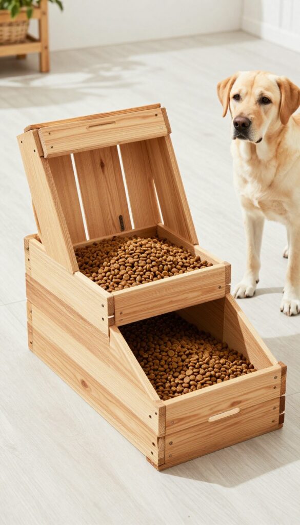 A rustic wooden crate dog food dispenser with a hinged lid on a sunny patio floor, filled with kibble and a dog nearby.