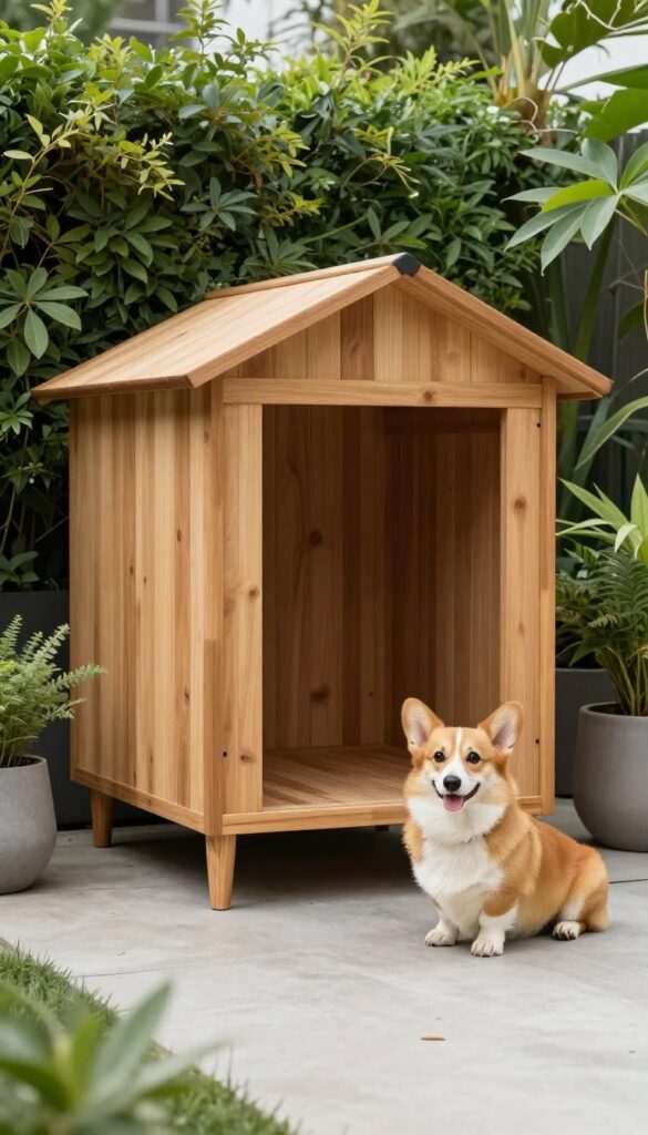 Minimalist mid-century modern dog house on a concrete patio with a corgi beside it.