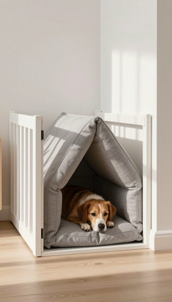 Under-stairs dog den with custom cushion and gate