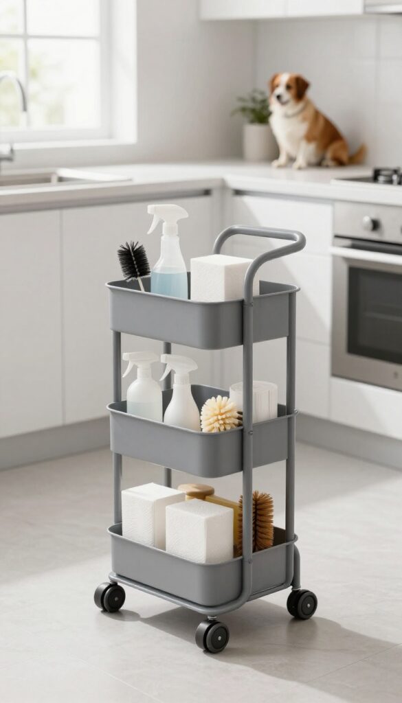 A portable cleaning caddy stocked with pet-safe supplies on a kitchen counter, ready for quick mess cleanup.