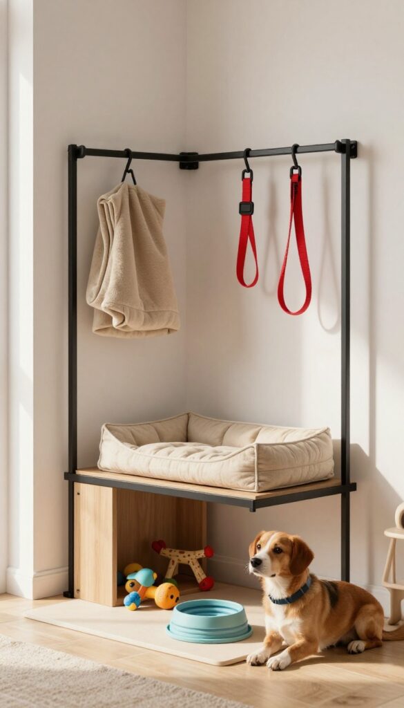 Foldable dog bed hanging on wall hooks, collapsible bowl on mat, small shelf with toys in a bright, clean corner.