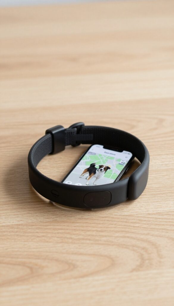 A smart GPS dog collar and smartphone with tracking app, showcasing real-time location monitoring for pet safety in a bright, natural setting.