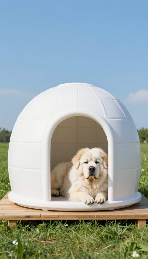 Large white igloo-style plastic dog house with a Saint Bernard curled up inside, placed on a raised wooden platform in a sunny backyard.