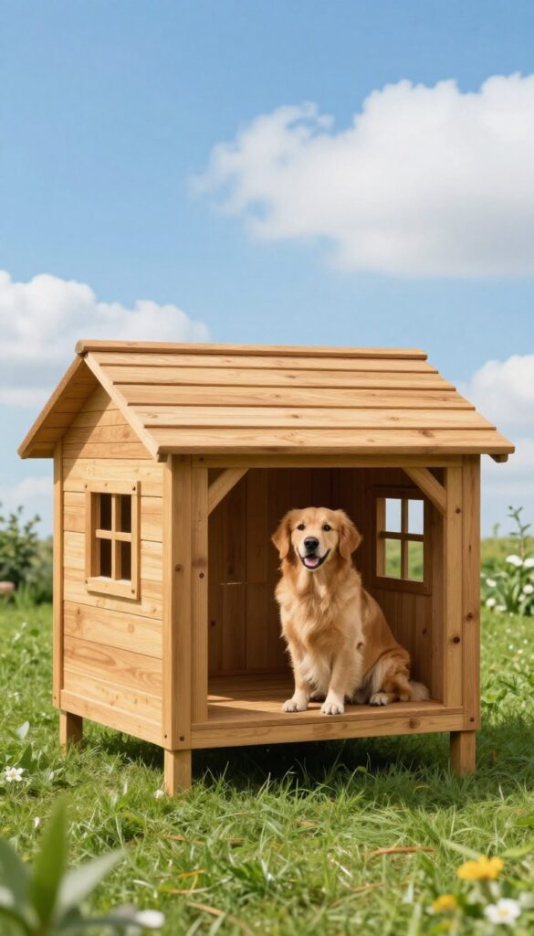 Elevated dog house with porch in sunny backyard
