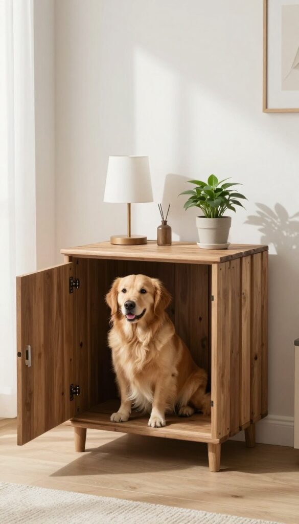 A sleek wooden dog crate end table with a dog inside, in a bright modern living room.