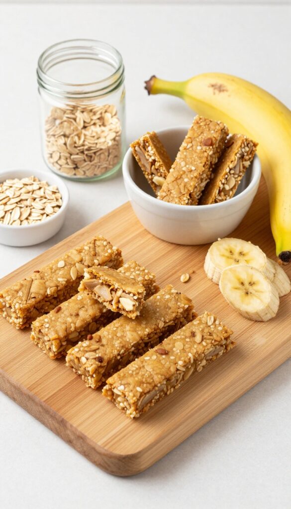 Homemade banana oat crunch dog bars on a wooden cutting board with natural ingredients like banana and oats, showing a crunchy exterior and chewy interior, in a bright, clean kitchen setting.
