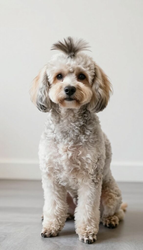 A dog with a mohawk grooming style featuring a long strip of fur along its back, trimmed neatly for an edgy look in natural light.