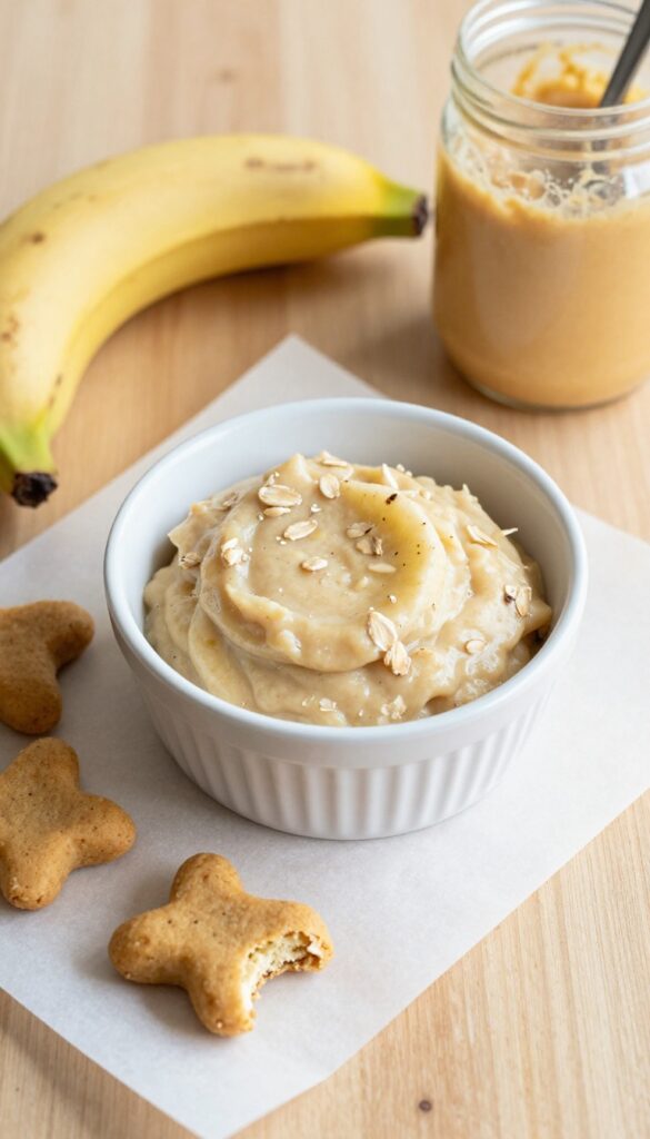 Homemade banana oat dog treats on a baking tray with dough in a bowl, ingredients nearby, in a bright, clean kitchen setting.
