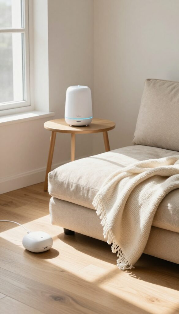 Cozy calming corner for dogs with plush bed, pheromone diffuser, and white noise machine in bright living room