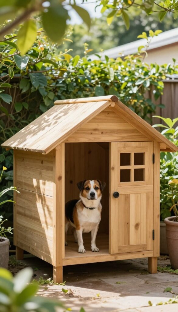 Raised floor A-frame dog house on grass with elevated wooden base