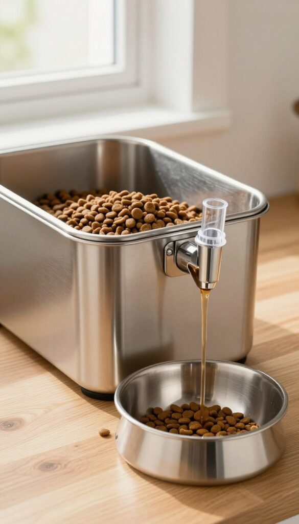 A person pouring dog kibble from a large stainless steel container with an easy-pour spout into a dog bowl, no spills, on a clean kitchen counter.