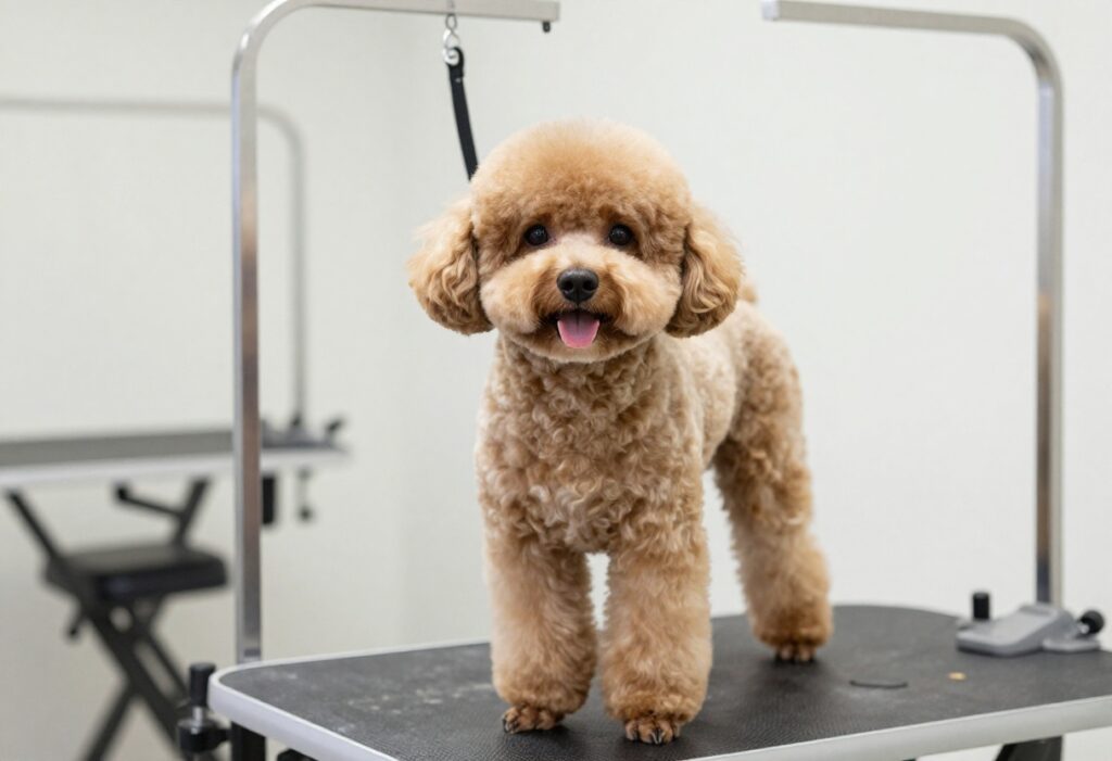 A well-groomed Poochon dog with a fluffy teddy bear trim in a home grooming setup