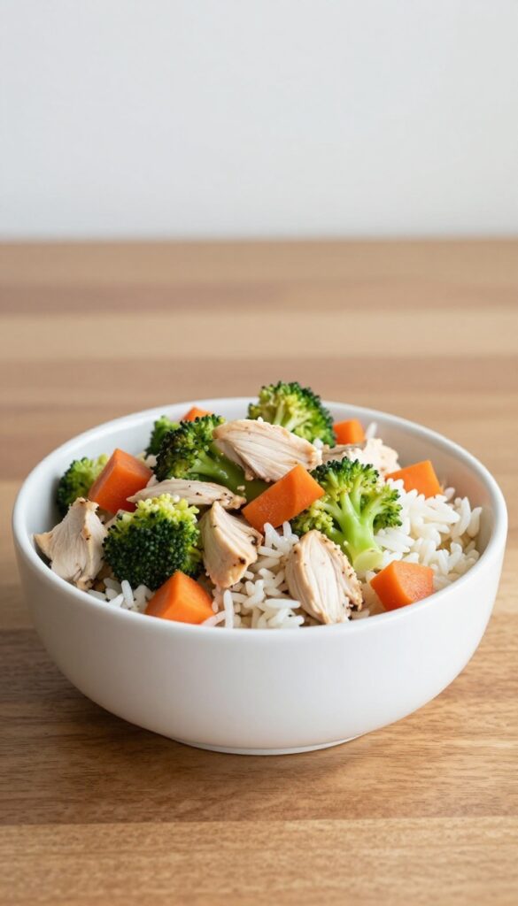 A bowl of homemade chicken and vegetable stir mix for dogs, with chopped chicken, broccoli, carrots, and rice, presented in a clean, natural setting.