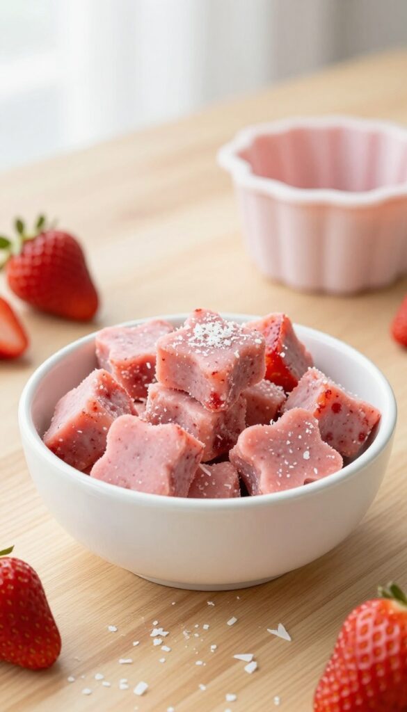 A bowl of frozen strawberry coconut dog treats with coconut flakes and fresh strawberries on a wooden table, in natural light.