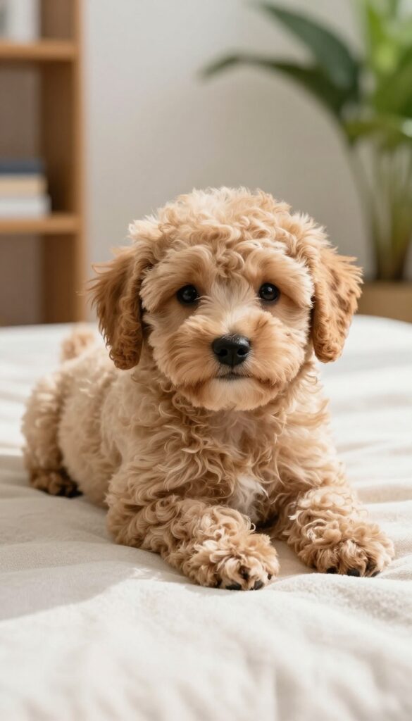 A Maltipoo with a puppy cut resting comfortably on a blanket in natural light