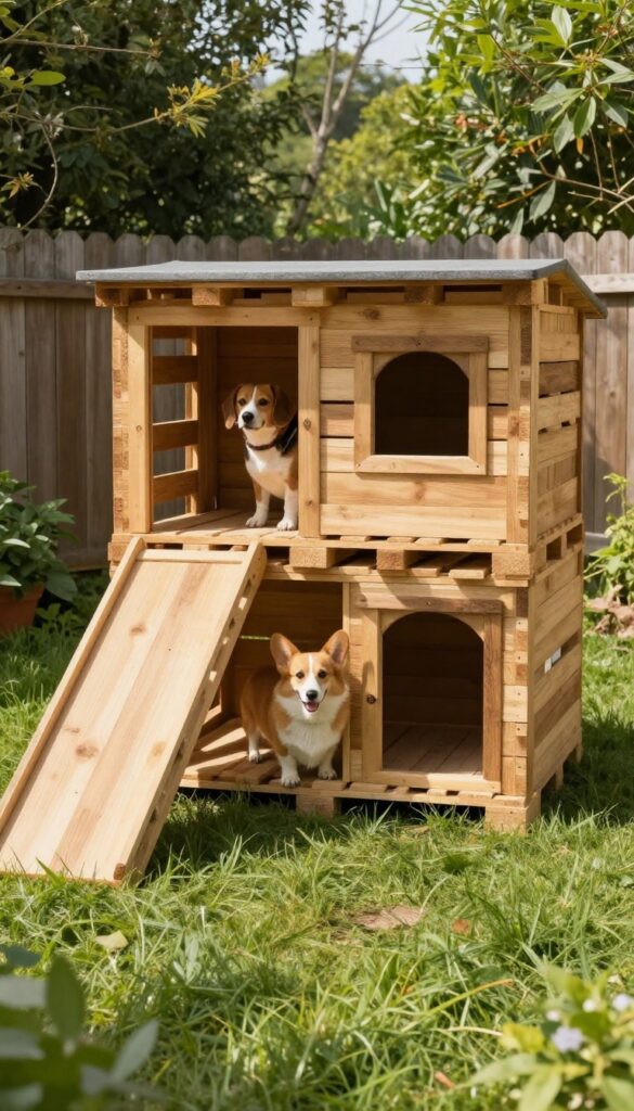 Two-story pallet dog house with ramp in rustic yard for multiple dogs