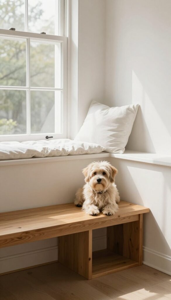 Under-window bench with a built-in dog cubby, featuring a small dog peeking out from the sunny cubby.