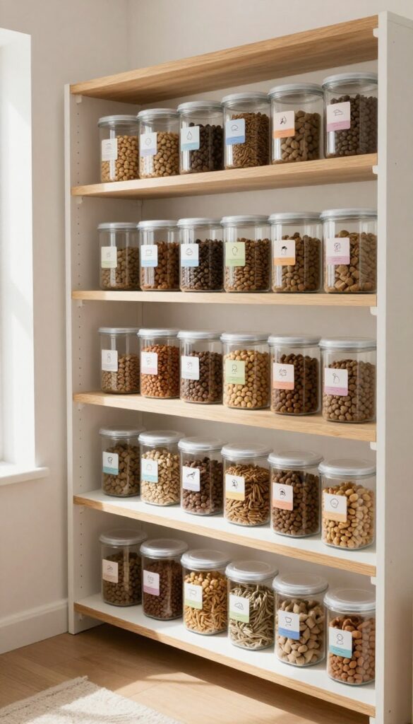 A modern pantry with integrated shelves featuring organized airtight containers for dog food on a designated shelf, blending seamlessly with home storage in bright natural light.