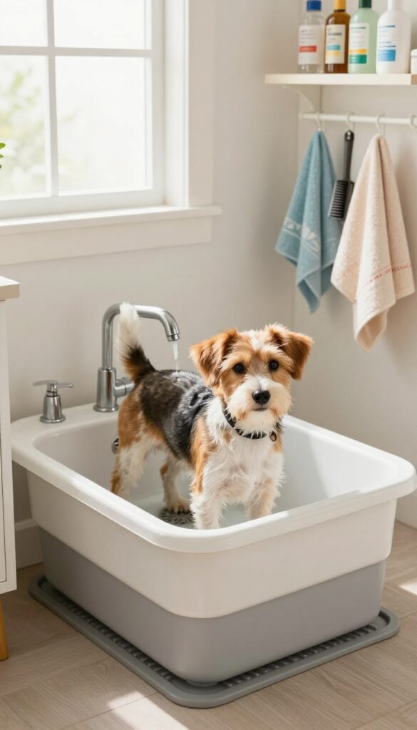 A small dog in a repurposed laundry sink for DIY grooming, showing a practical setup with grooming supplies nearby in a bright utility room.