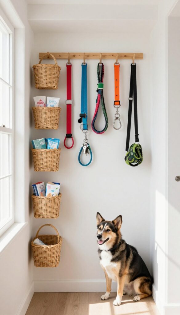Wall-mounted leash and collar rack in a bright closet, with neatly hung leashes and collars and small baskets for accessories.