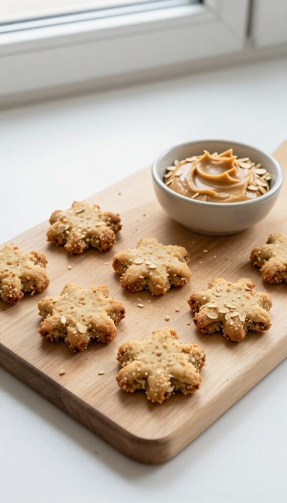 Homemade peanut butter oat crunch dog biscuits on a wooden cutting board with a bowl of peanut butter, showcasing crunchy texture and natural ingredients for dog treats.
