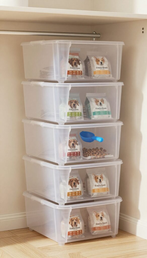 A photorealistic image of stackable bins in a closet for storing dog food bags in small spaces.
