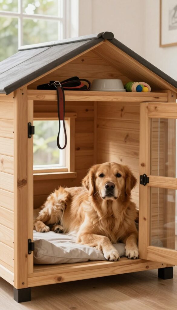 Custom wooden dog house under stairs with hidden storage and golden retriever