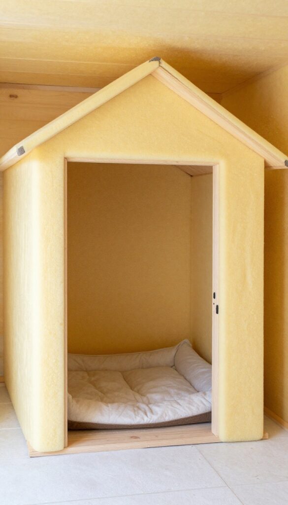DIY dog house with spray foam insulation interior showing yellow foam on walls and ceiling.
