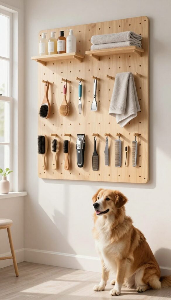 A photorealistic image showing wall-mounted storage in a dog grooming salon: a wooden pegboard with grooming tools hung neatly on hooks and shelves holding shampoos and towels. A calm dog sits nearby in bright natural light.