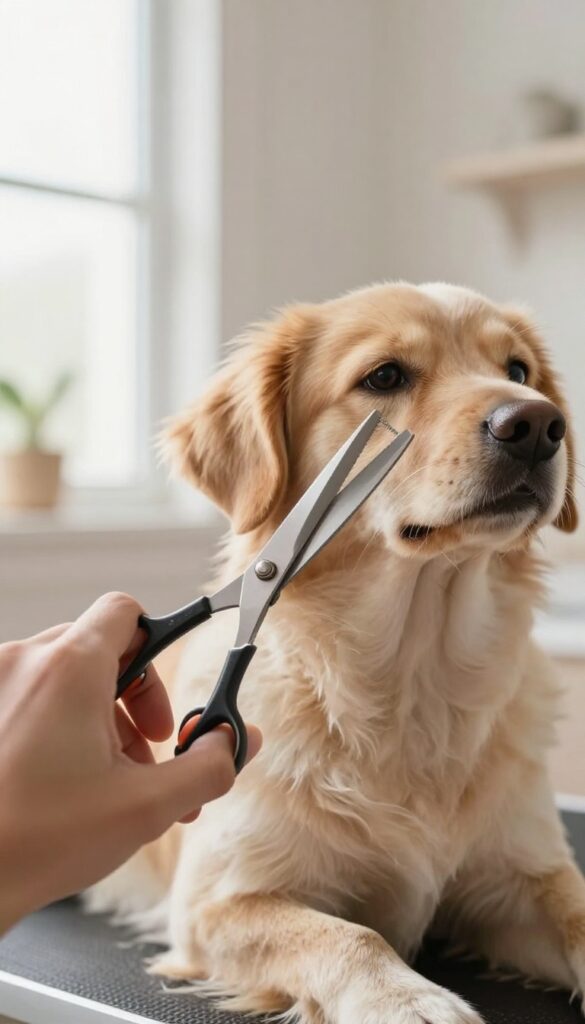 A left-handed groomer using specialized scissors to trim a dog's fur in natural light, showcasing comfortable and precise grooming.