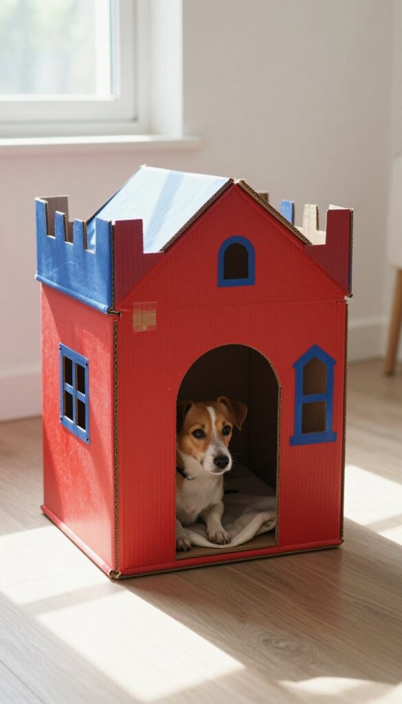 Cardboard castle dog house with dog peeking out