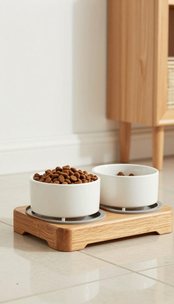 A decorative wooden dog bowl stand holding ceramic food and water bowls in a clean, organized home feeding area with natural light.