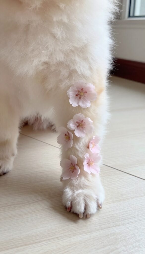 Close-up of a dog's paw with Sakura blossom-inspired trim on hardwood floor