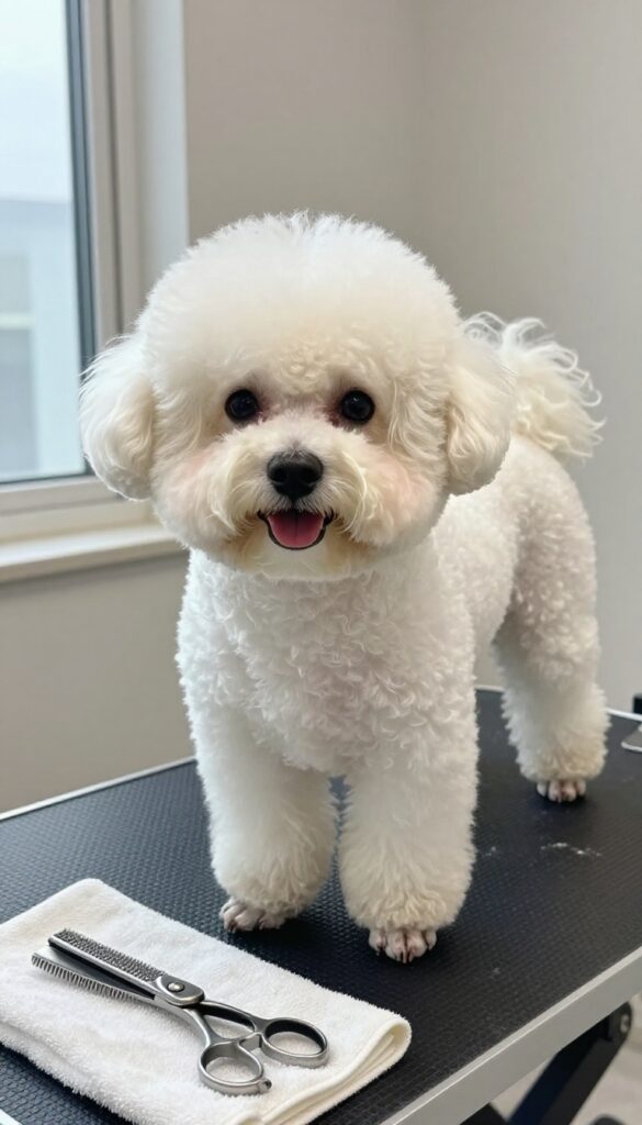 A fluffy white Bichon Frise dog with textured coat on a grooming table, showcasing volume and style using texturizing shears in natural light.