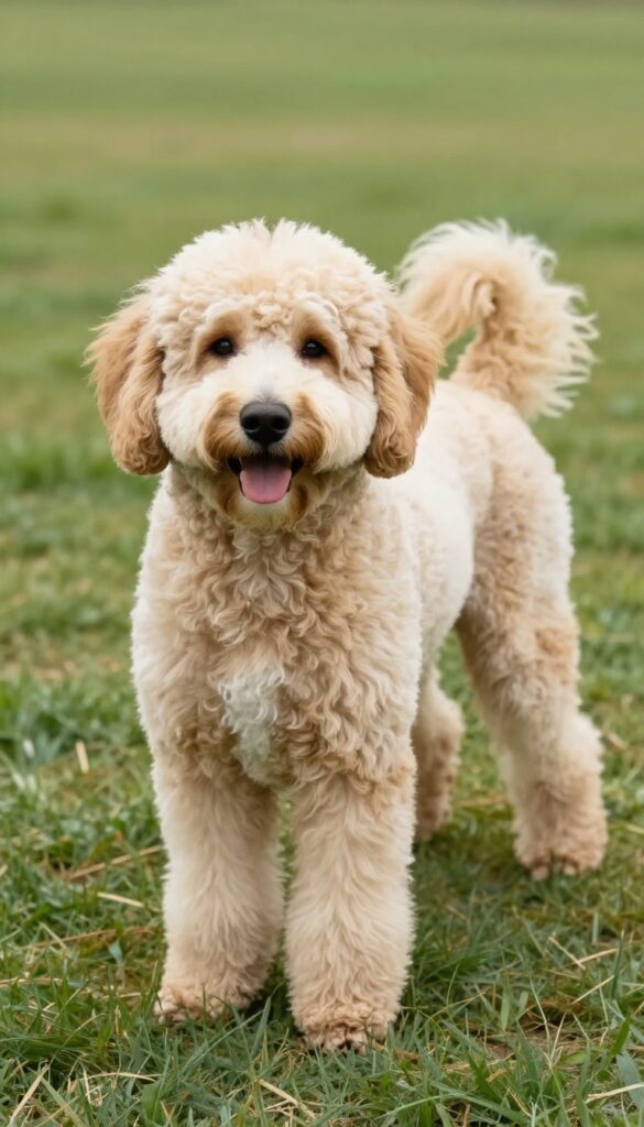 A Goldendoodle with a short Puppy Cut haircut in natural light, showcasing an easy-to-maintain style for busy owners.