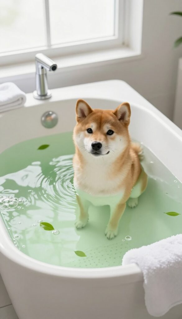 A small dog enjoying a matcha green spa bath in a modern bathroom, showcasing natural grooming for sensitive skin in a tranquil setting.