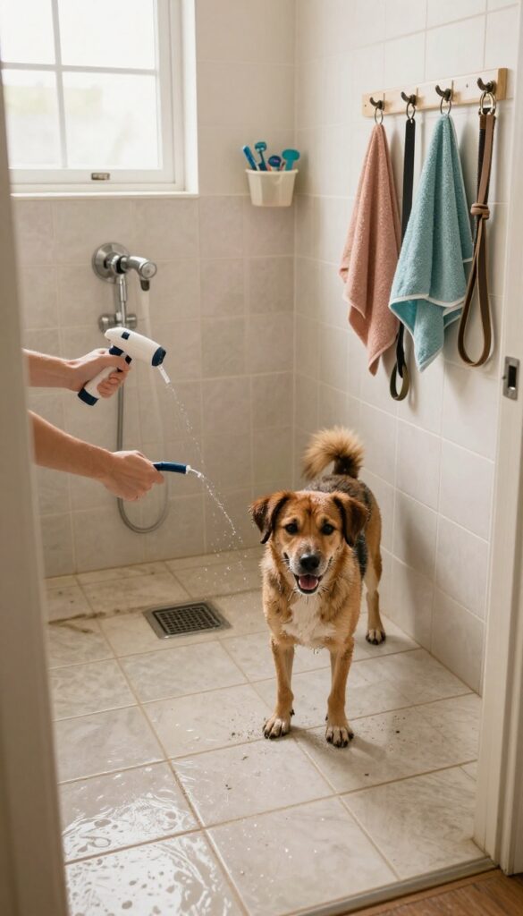 Mudroom dog wash station with tiled alcove and handheld sprayer