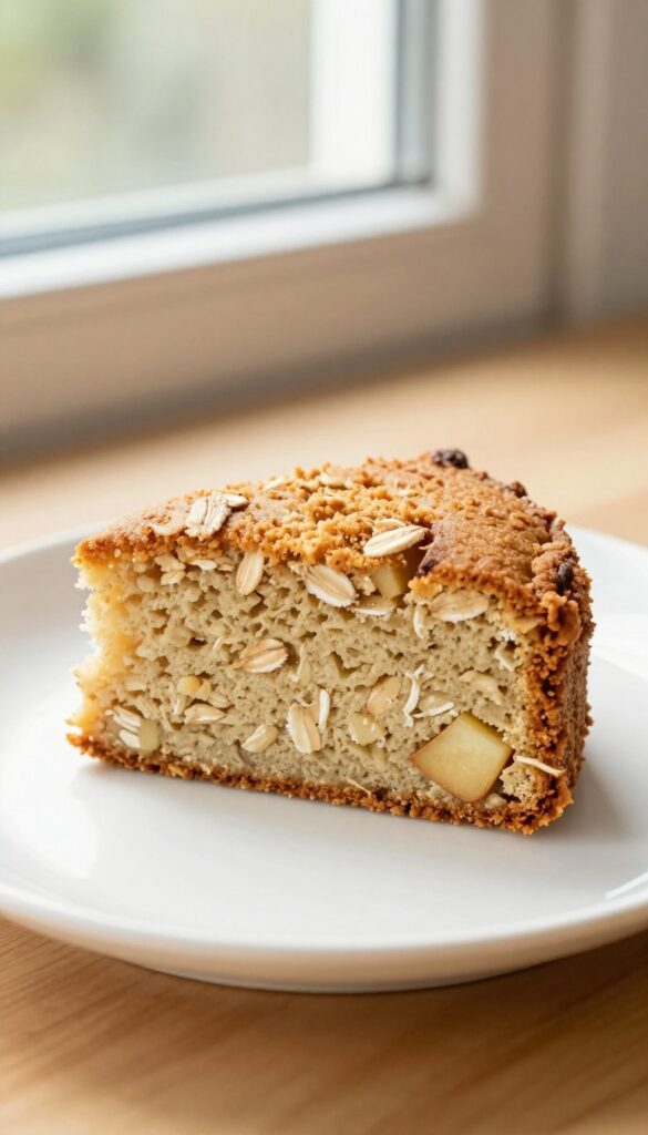 A slice of homemade apple and oat dog cake on a white plate, showing golden crust and oat flakes.